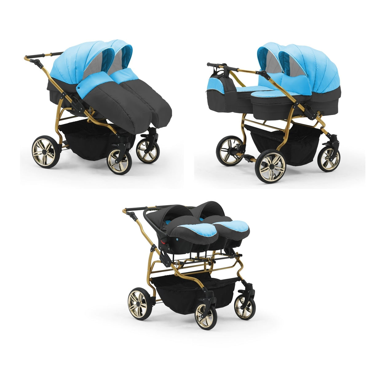 Carucior pentru gemeni Nativo Gemini 3 in 1 Albastru-Negru/Gold latime 87 cm reversibil carucior-gemeni