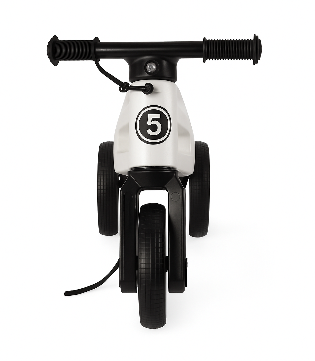 Bicicleta fara pedale cu cosulet pentru ghidon, 2 in 1, 18+ luni, pneuri si manere de cauciuc, 4 nivele de reglaj pe inaltime, Funny Wheels Rider SuperSport White Limited/Black