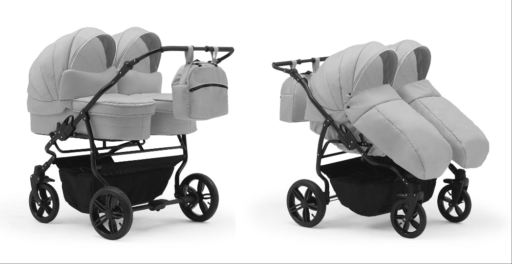 Carucior pentru gemeni Nativo Gemini 3 in 1 Gri Deschis/Negru (01b), latime 87 cm, reversibil, roti gonflabile