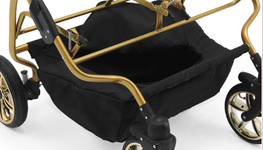 Carucior pentru gemeni Nativo Gemini 3 in 1 Maro-Bej/Gold latime 87 cm reversibil carucior-gemeni