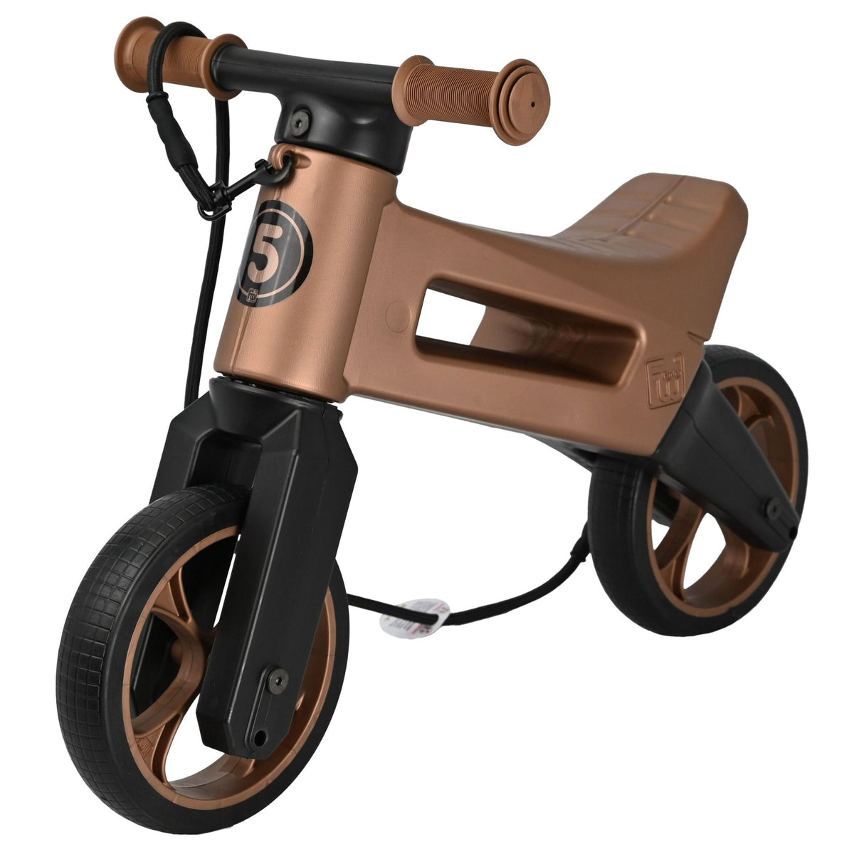 Bicicleta fara pedale cu cosulet pentru ghidon, 2 in 1, 18+ luni, pneuri si manere de cauciuc, 4 nivele de reglaj pe inaltime, Funny Wheels Rider SuperSport Copper/Black
