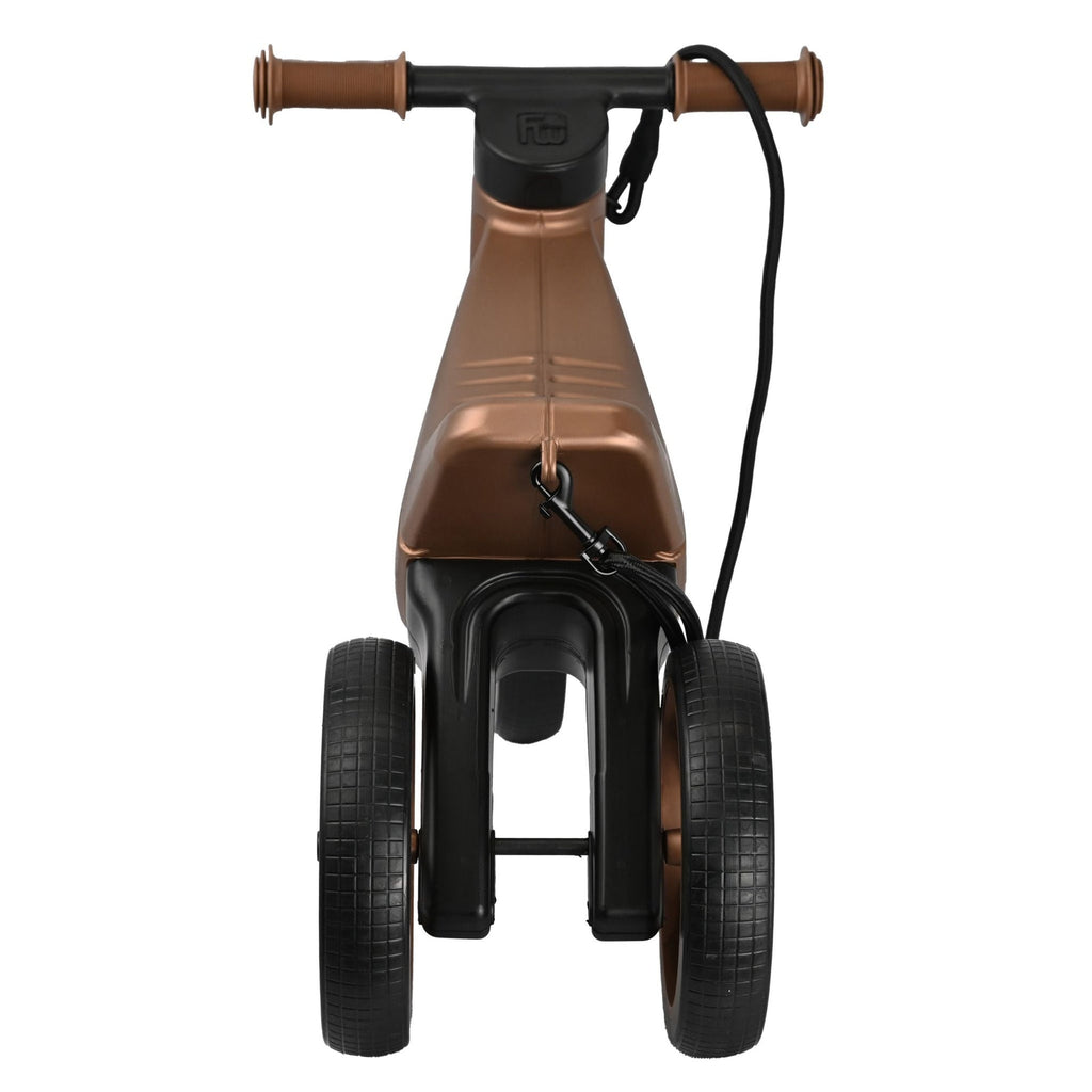Bicicleta fara pedale cu cosulet pentru ghidon, 2 in 1, 18+ luni, pneuri si manere de cauciuc, 4 nivele de reglaj pe inaltime, Funny Wheels Rider SuperSport Copper/Black