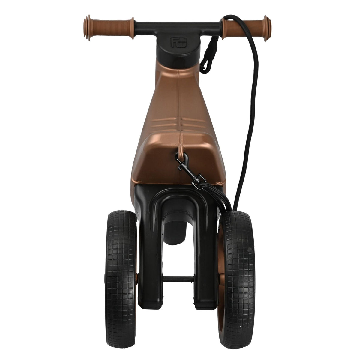 Bicicleta fara pedale cu cosulet pentru ghidon, 2 in 1, 18+ luni, pneuri si manere de cauciuc, 4 nivele de reglaj pe inaltime, Funny Wheels Rider SuperSport Copper/Black